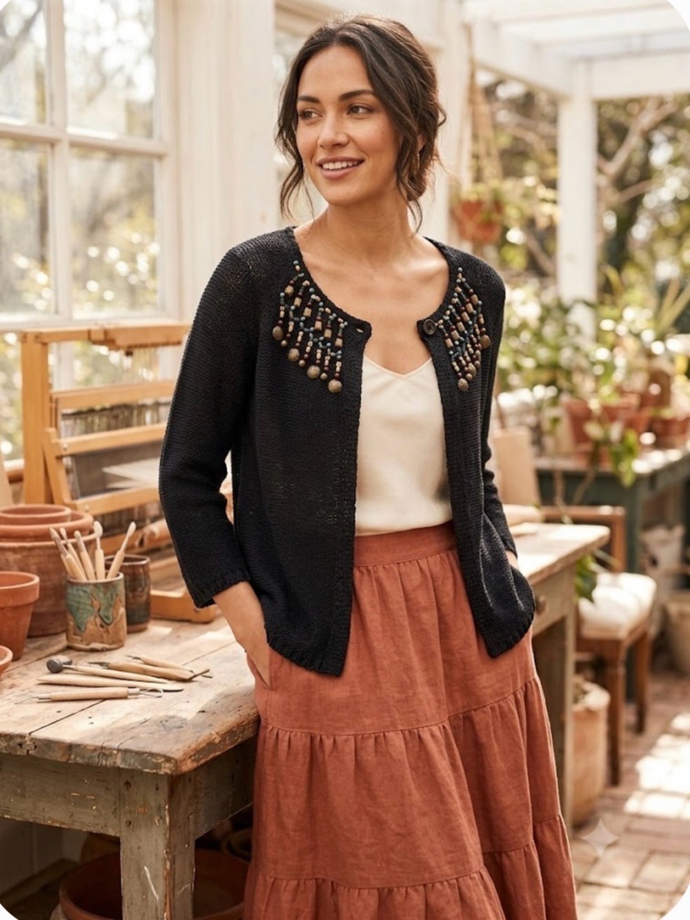 WD•NY Embellished One Button Open Knit Cardigan Sweater